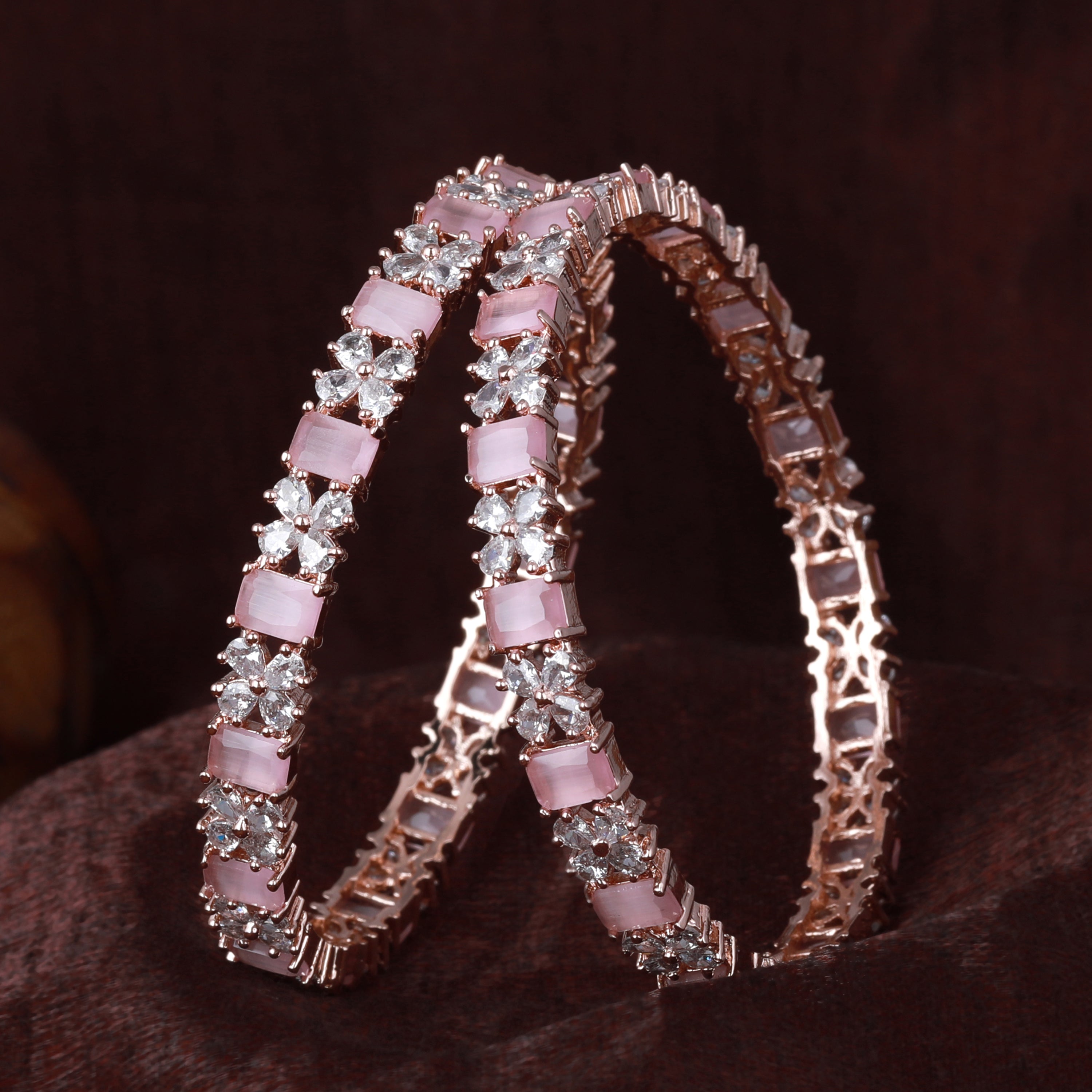 Estele Rosegold Plated Glossy Mint Pink American Diamond Bangles| Avai