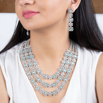 Estele Rhodium Plated CZ Magnificent Three Layered Necklace Set with Mint Green and White Crystals for Women