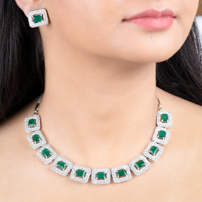 Estele Rhodium Plated CZ Beautiful Necklace Set with White & Green Crystals for Women