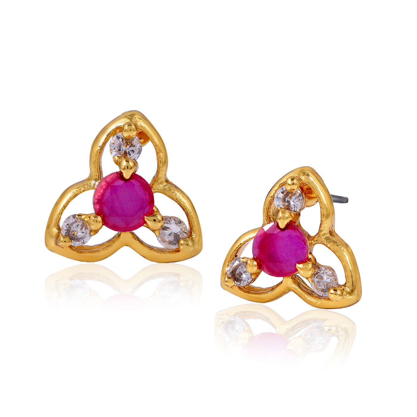 Estele Gold Plated CZ Floral Stud Earrings with Ruby Stones for Women