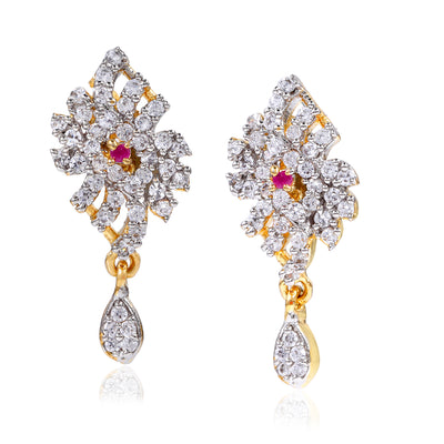 Estele Gold & Rhodium Plated CZ Flower Designer Drop Earrings for Women