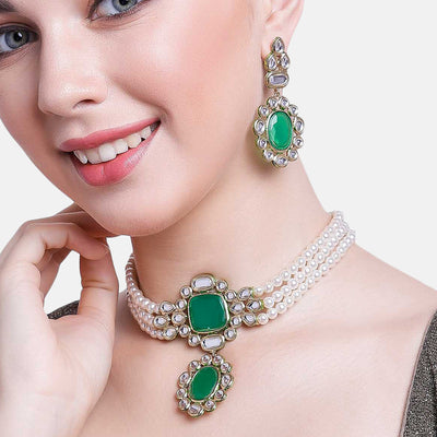 Estele Gold Plated Shimmiring Mirror Kundan Long Haar Jewellery set with Pearl for Women