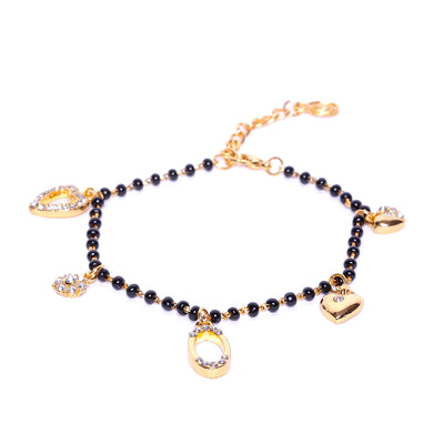 Estele Gold Plated Florat Heart Loop Shaped Black Beads Bracelet with Austrian Crystals for Women