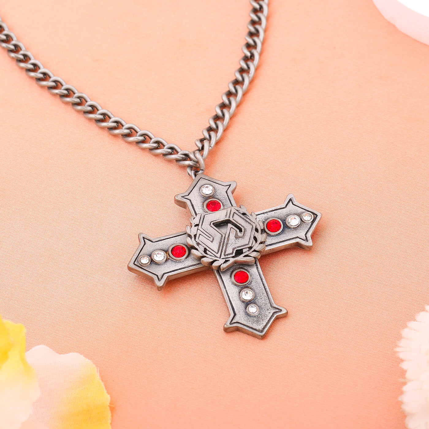 Estele Tin Oxidised Plated Cross Designer Pendant Necklace with Red & White Stone for Women