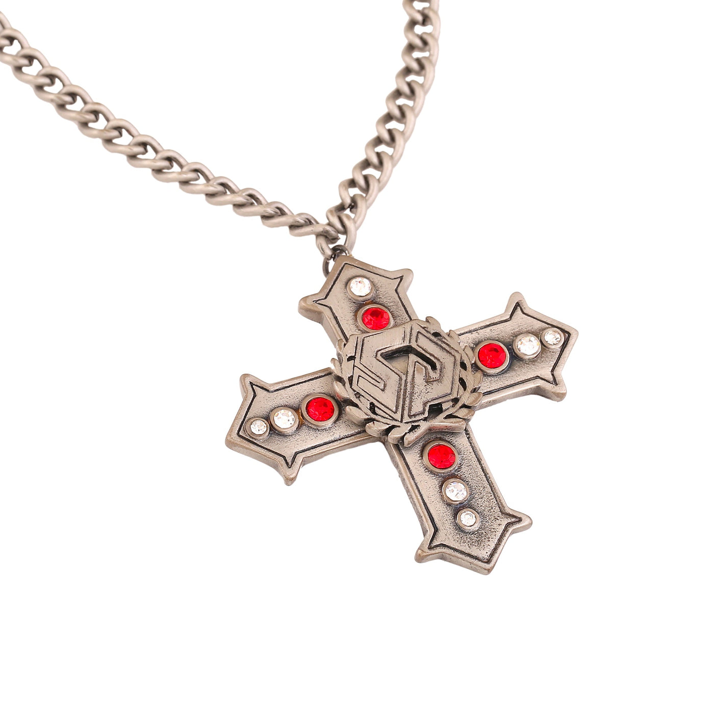 Estele Tin Oxidised Plated Cross Designer Pendant Necklace with Red & White Stone for Women