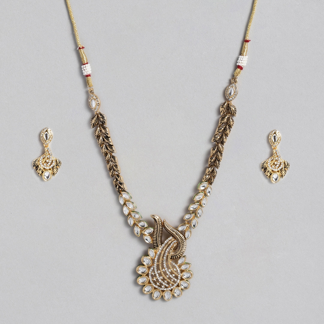 Estele Gold Plated Traditional Antique Kundan Paisley Fern Necklace Set for Women