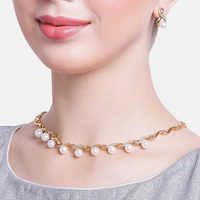Estele Gold Plated Sparkling Pearl Drop Necklace Set for Women