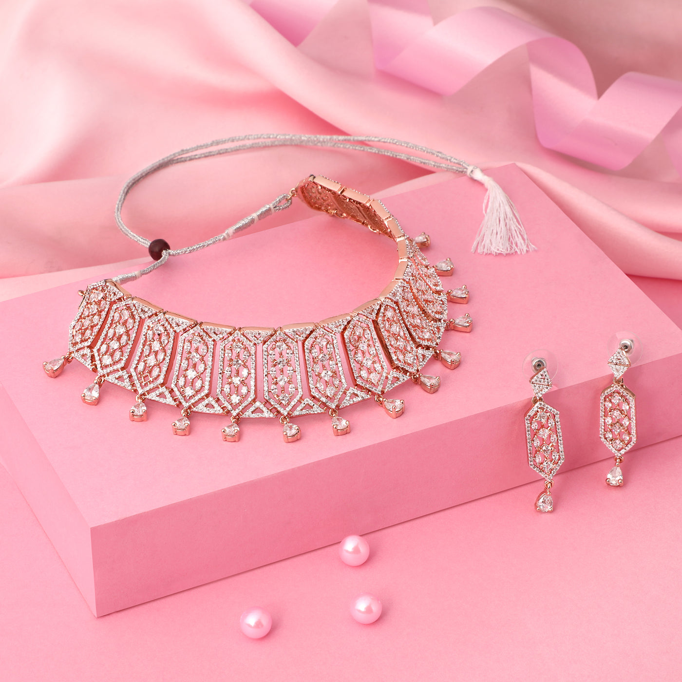 Estele Rose Gold Plated Lavish Luxe Designer Choker Style Necklace Set for Women
