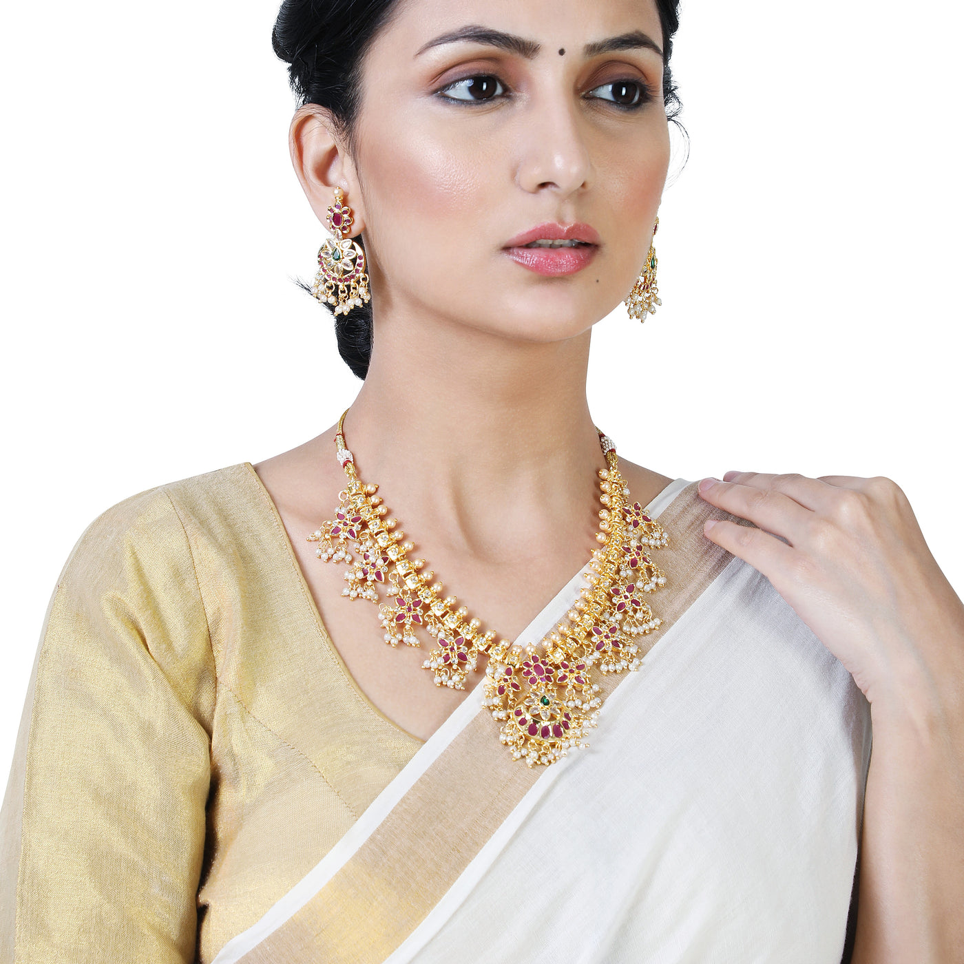 Estele Gold Plated CZ Traditional Machlipatnam Bridal Necklace Set with Pearls & Colored Crystals for Women