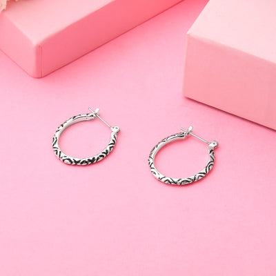 Estele Non Precious Metal Oxidized Patterned Silver Hoop Earrings for Girls