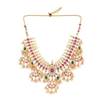 Estele Gold Plated uncut diamond with ruby and emrald stones traditional necklace set
