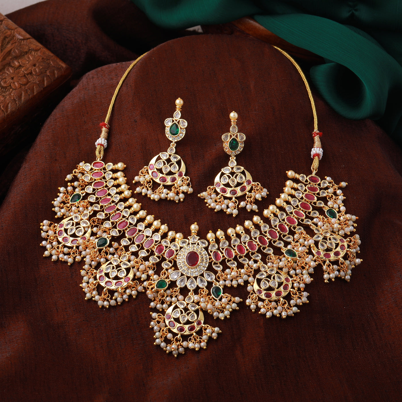 Estele Gold Plated uncut diamond with ruby and emrald stones traditional necklace set
