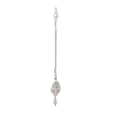 Estele Rhodium Plated CZ Entwined Peacock Designer Maang Tikka with Pearl for Women