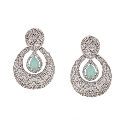 Estele Rhodium Plated CZ Pear Cluster Earring for Women with Mint Green Droplet