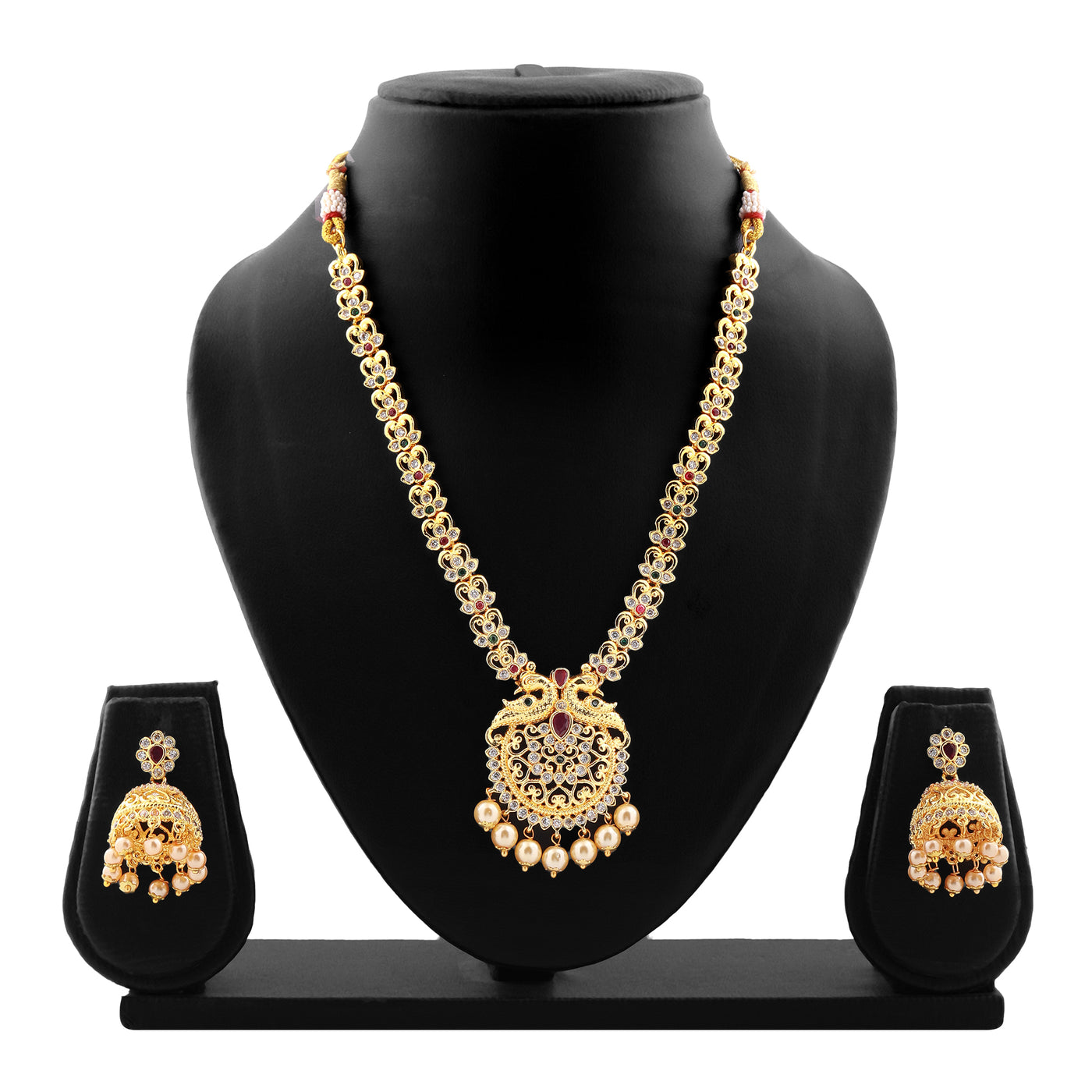 Estele Gold plated CZ Peacock inspired Bridal long Necklace set with color stones & pearls for Women