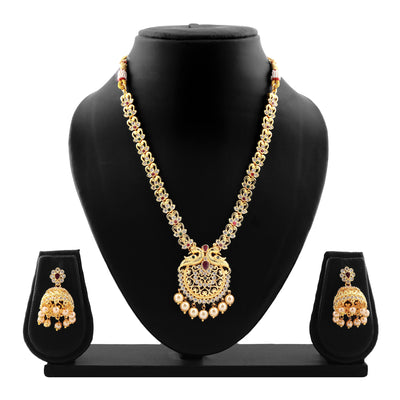 Estele Gold plated CZ Peacock inspired Bridal long Necklace set with color stones & pearls for Women