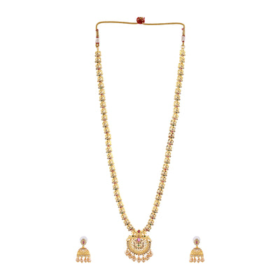 Estele Gold plated CZ Peacock inspired Bridal long Necklace set with color stones & pearls for Women with jhumki