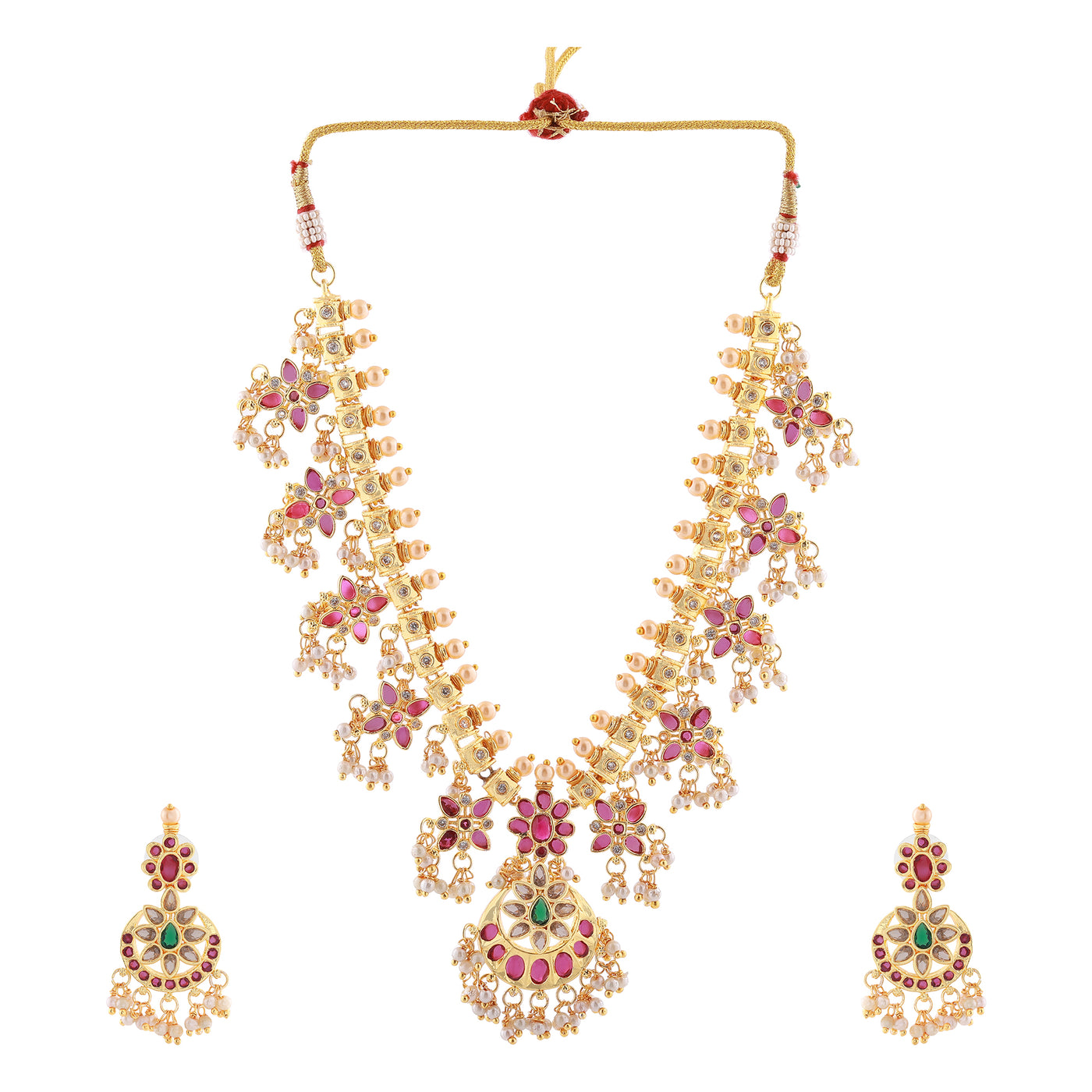 Estele Gold Plated CZ Traditional Machlipatnam Bridal Necklace Set with Pearls & Colored Crystals for Women