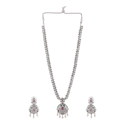 Estele Rhodium Plated CZ Enchanting Bridal Combo Necklace Set with Pearl & Multi Color Stones for Women