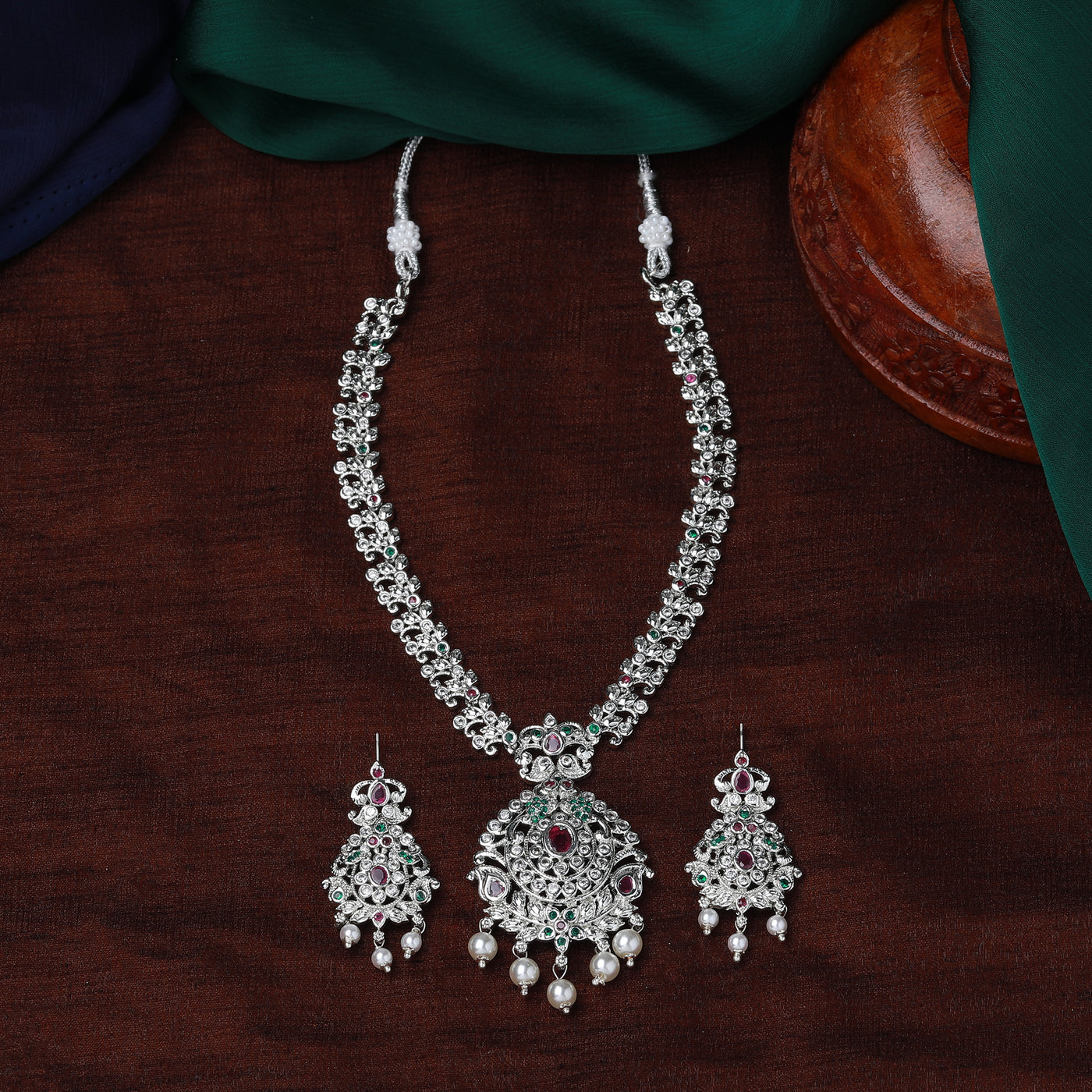 Estele Rhodium Plated CZ Enchanting Bridal Combo Necklace Set with Pearl & Multi Color Stones for Women