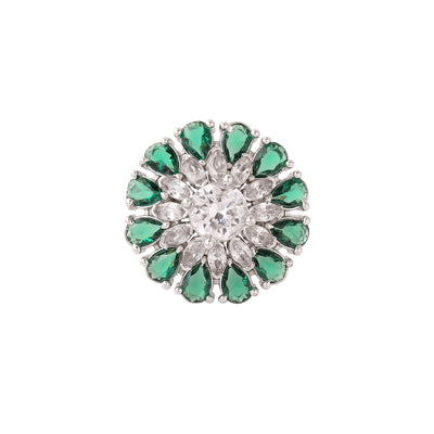 Estele Rhodium Plated CZ Adjustable Classic Flower Shaped Emerald/ Green Finger Ring for Women