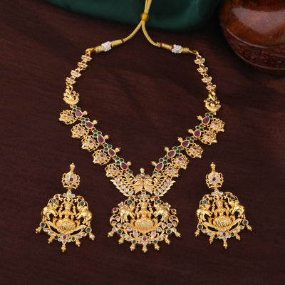 Estele Gold Plated CZ Lakshmi Devi Embellished with Elephant Designer Necklace Set for Women