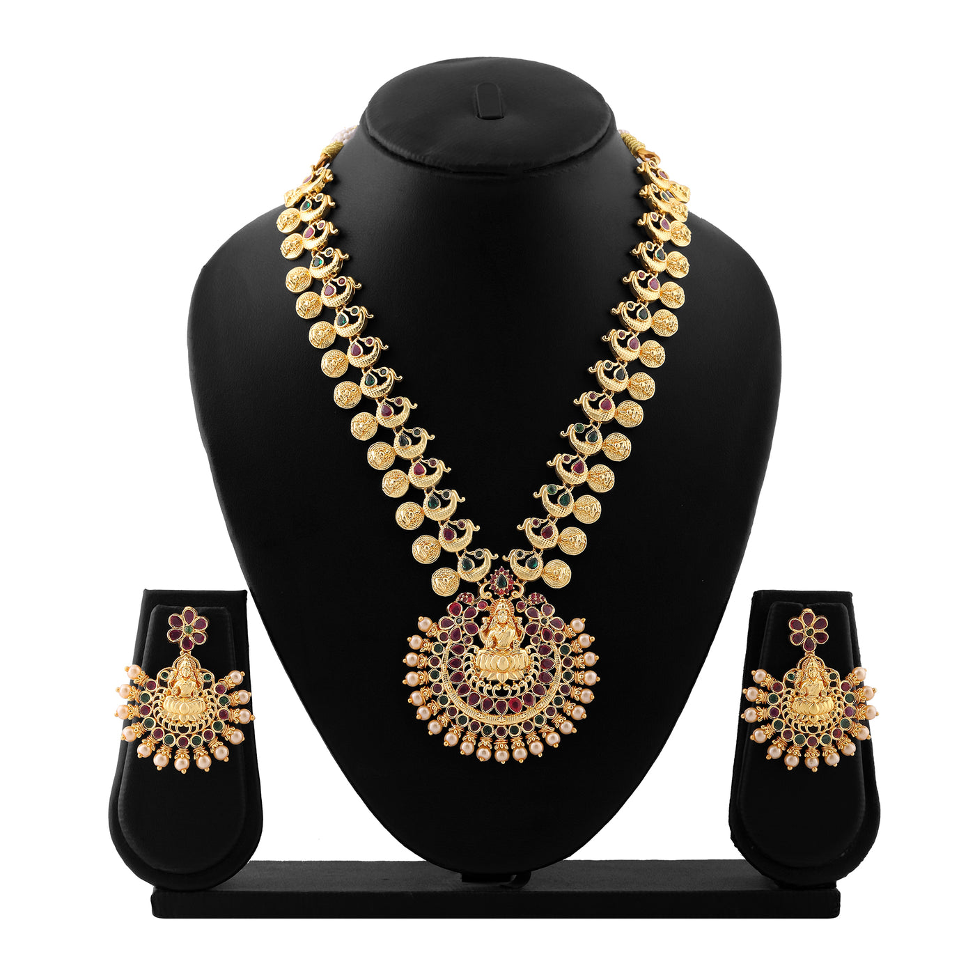 Estele Gold Plated CZ Traditional Laxmi Ji Designer Necklace Set with Pearls for Women