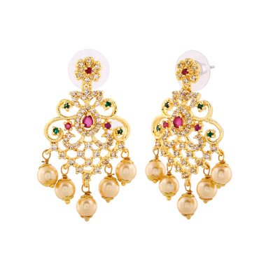 Estele Gold Plated CZ Manbhavan Earrings with Pearl & Multi Color Crystals for Women