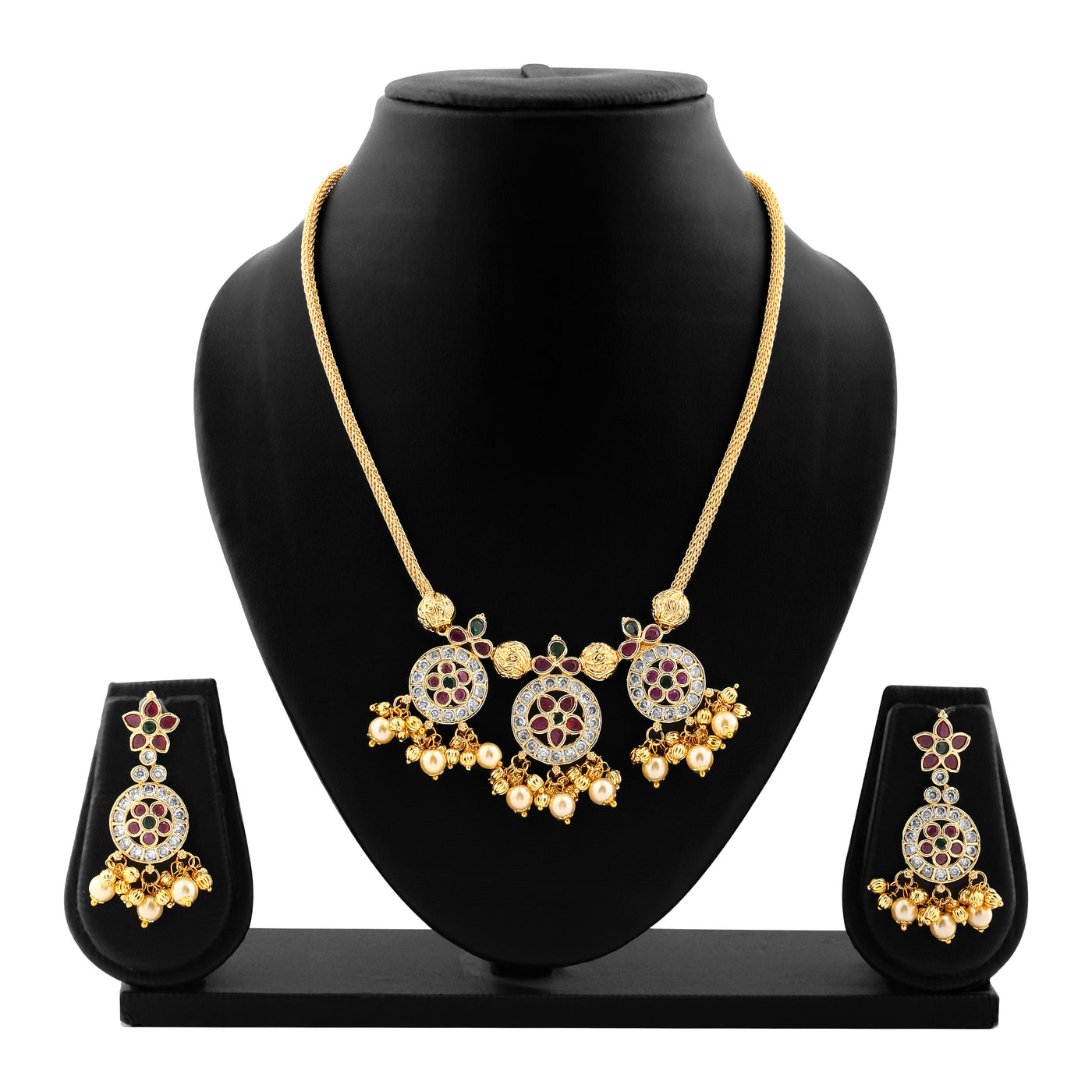 Estele Gold Plated CZ Trilogy Designer Bridal Necklace set with Color Stones & Pearls for Women
