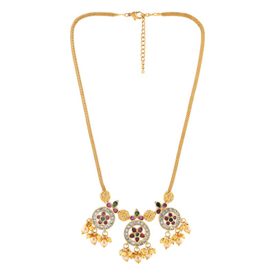 Estele Gold Plated CZ Trilogy Designer Bridal Necklace set with Color Stones & Pearls for Women