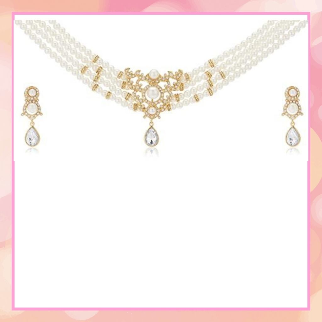 Estele Gold Plated- Elegant Pearl and Diamond Choker Necklace set for Women