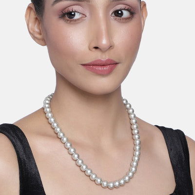 Estele Rhodium Plated Sparkling Grey Pearl Single Line Necklace for Women