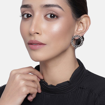 Estele silver oxidised circle trendy earring studs for women