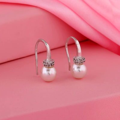 Estele Rhodium Plated CZ Pearl Drop Hoop Earrings for Women