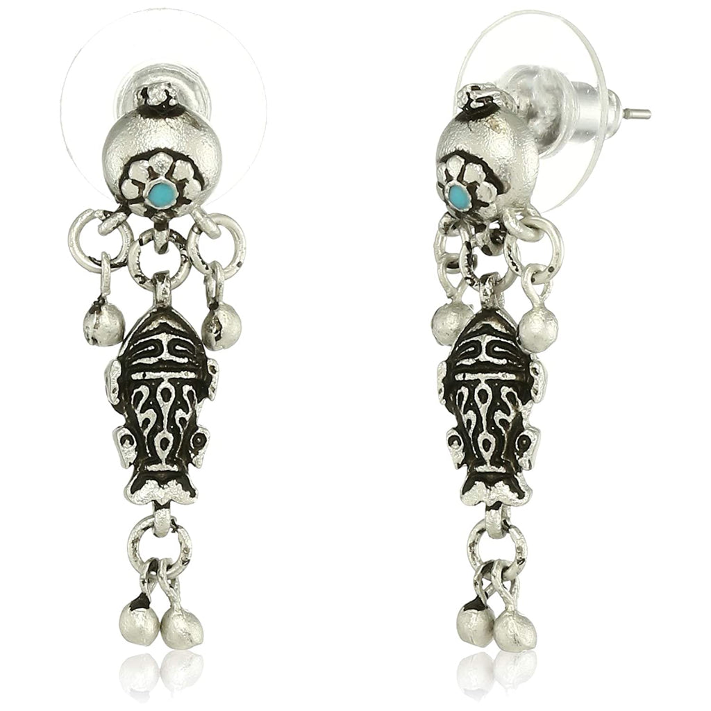 Estele Oxidized Silver Plated Antique Matsya Dangle Earrings for women