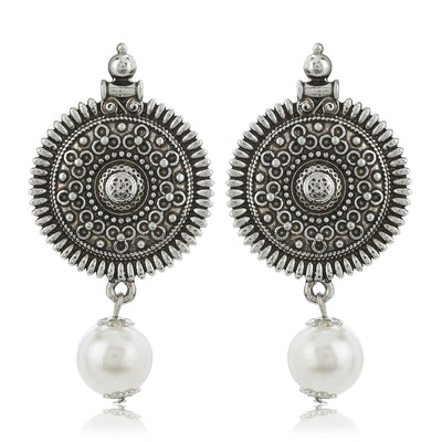 Estele Oxidized Silver Plated Sun Shape With White Pearl Drop earrings for Women, Girls