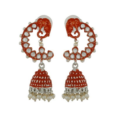 Estele Rhodium Plated Glamorous Elephant Designer Meenakari Jhumka Earrings with Red Enamel for Women