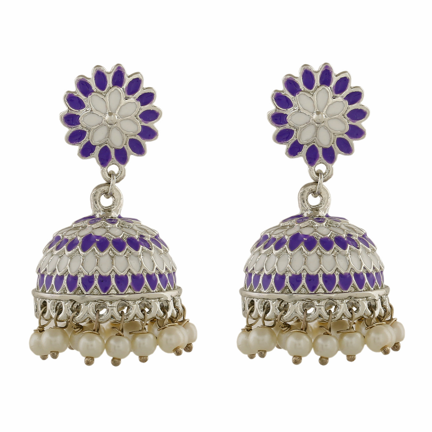 Estele Rhodium Plated Traditional Violet Meenakari Jhumka Earrings with Pearls for Women