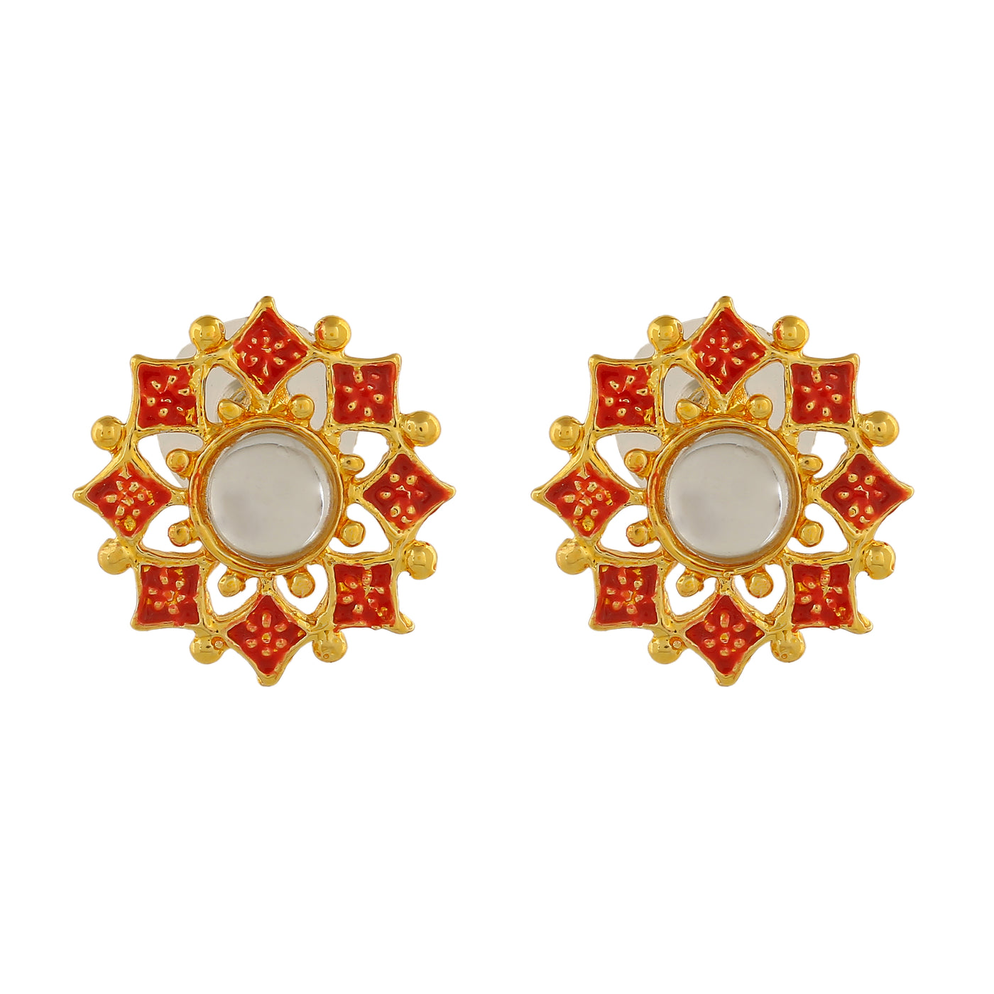 Estele Gold Plated Daisy Flower Shaped Red Meenakari Kundan Stud Earrings for Women