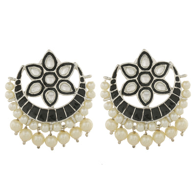 Estele Rhodium Plated Beautiful Kundan Meenakari Earrings with Pearl & Black Enamel for Women