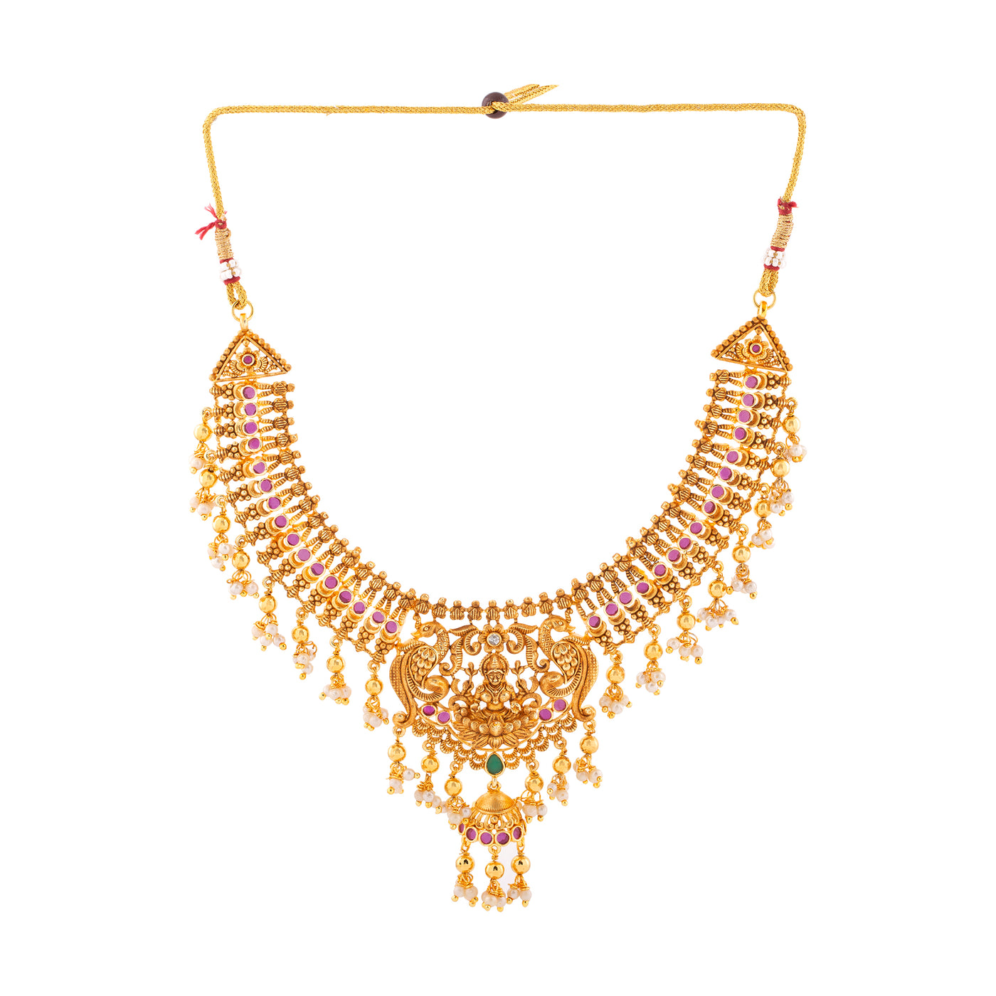 Estele Gold plated Divine Lakshmi Ji Temple Necklace set with color stones & Pearls
