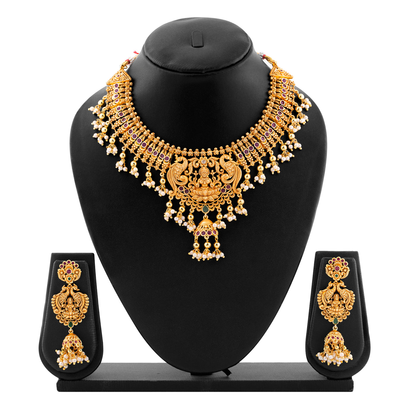 Estele Gold plated Divine Lakshmi Ji Temple Necklace set with color stones & Pearls
