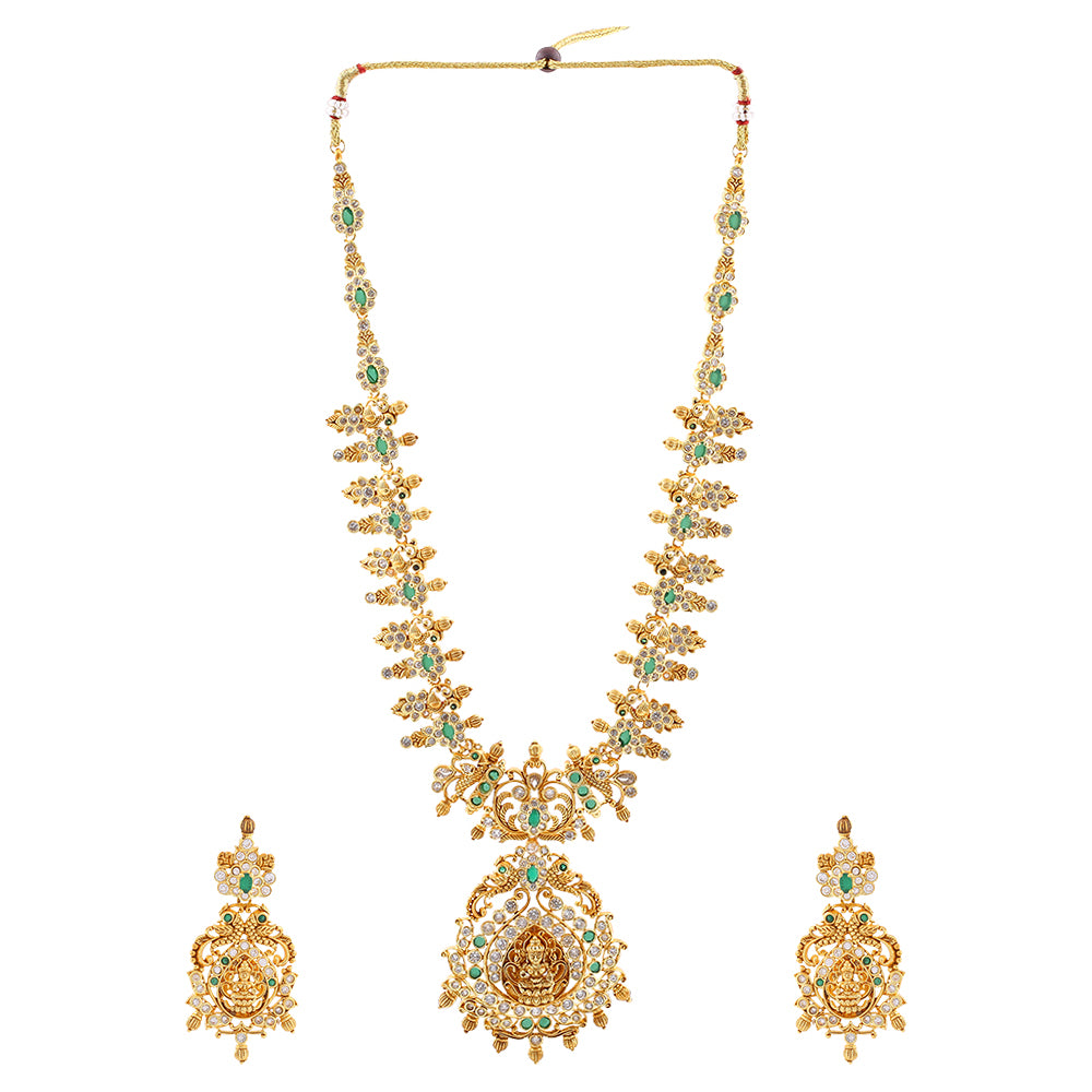 Estele Gold Plated CZ Divinity Laxmi Ji Designer Bridal Necklace set Combo with Green Stones for Women
