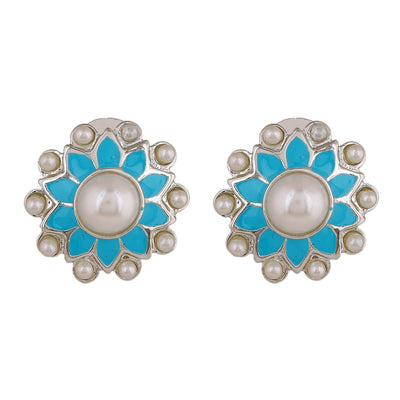 Estele Rhodium Plated Attractive Meenakari Pearl Stud Earrings with Blue Enamel for Women