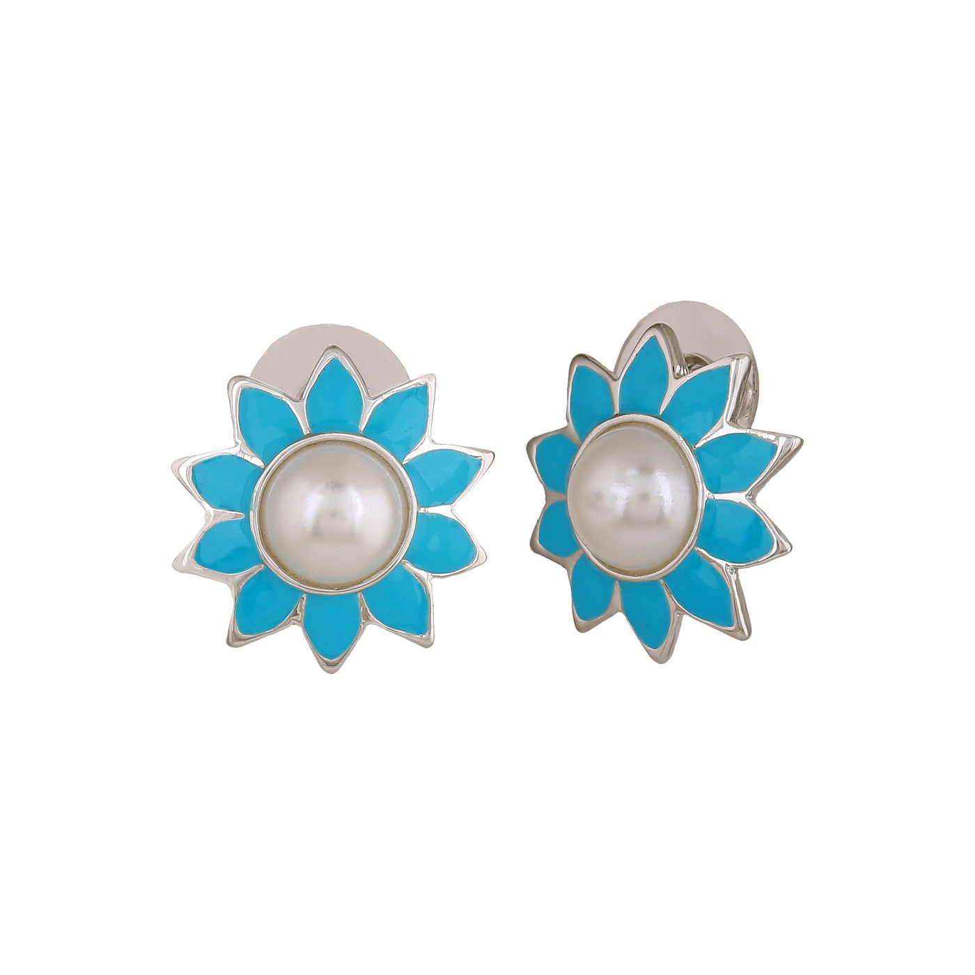 Estele Rhodium plated Classic Meenakari Pearl Stud Earrings with Blue Enamel for Women