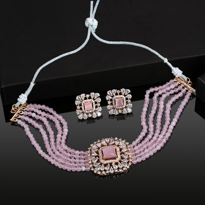 Estele Rose Gold Plated CZ Square Shaped Mint Pink Choker Necklace Set For Women