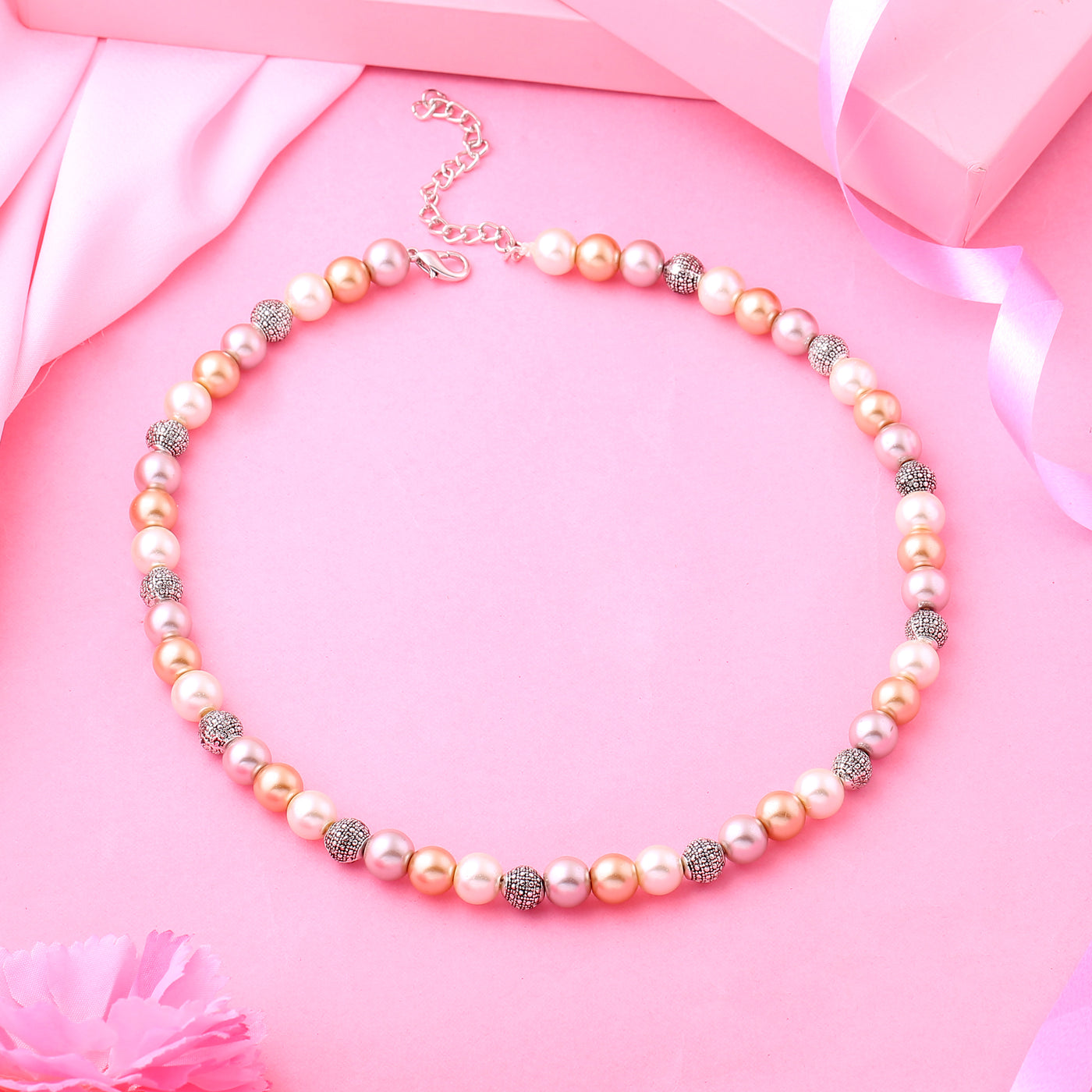 Estele Rhodium Plated- Versatile Multi Coloured Pearl Necklace for Women