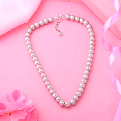 Estele Rhodium Plated Sparkling Grey Pearl Single Line Necklace for Women