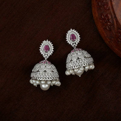 Estele Rhodium Plated CZ Enchanting Designer Jhumka Earrings with Pearls for Women