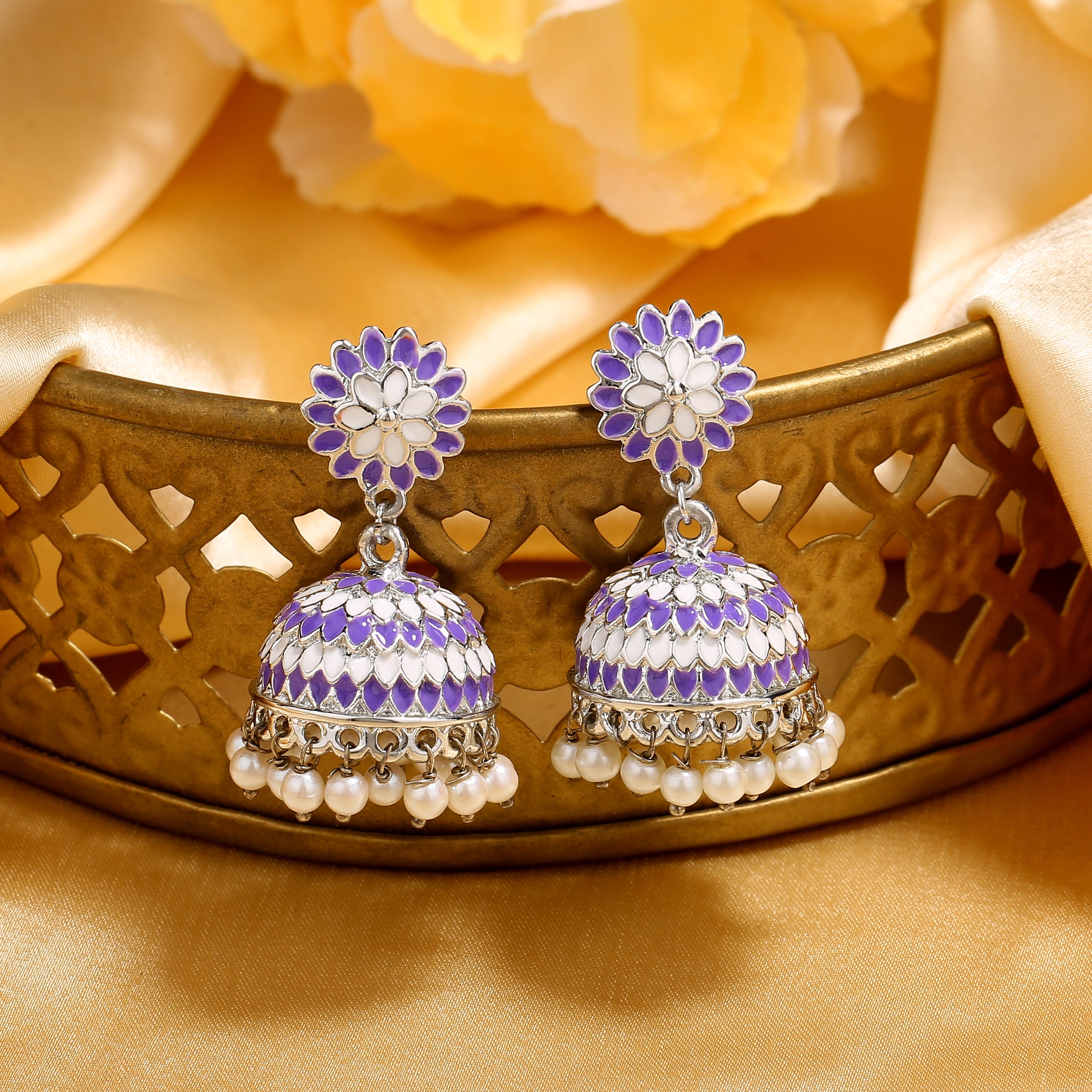 Buy Estele Rhodium Plated Traditional Violet Meenakari Jhumka